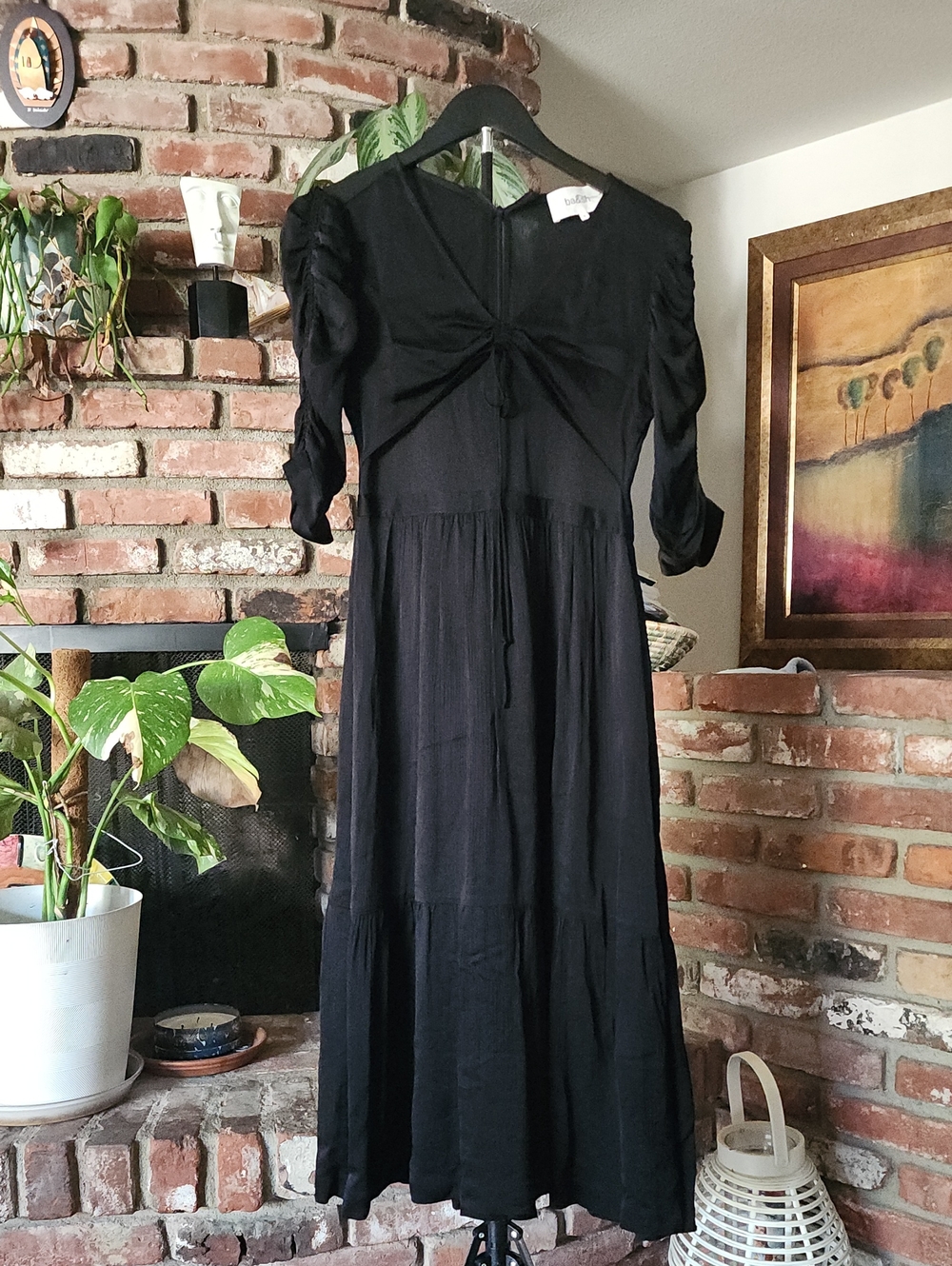 ba&sh Black Ruched Tie-Front Tiered Maxi Dress Puff Sleeve Size 2